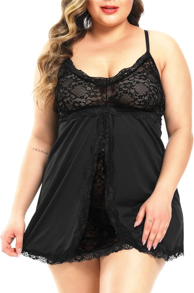 FlatterMe Plus Size Lingerie for Women Lace Babydoll Split Mesh Chemise V Neck Backless Halter Sleepwear