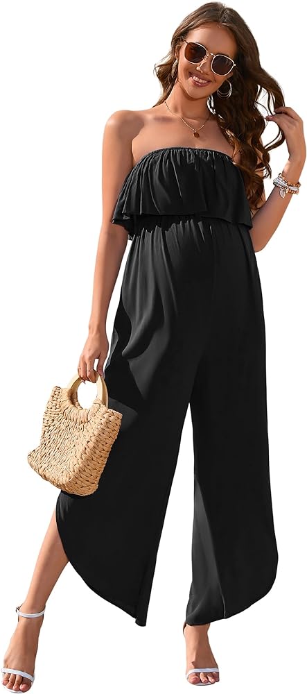 Maternity Strapless Jumpsuits Casual Off Shoulder High Waist Wide Leg Split Hem Jumpsuit Women's Rompers Pockets