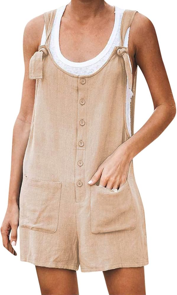 Women's Summer Button Up Comfy Rompers Casual Suspender Shorts Jumpsuit Strap Pants with Pockets Bib Overalls