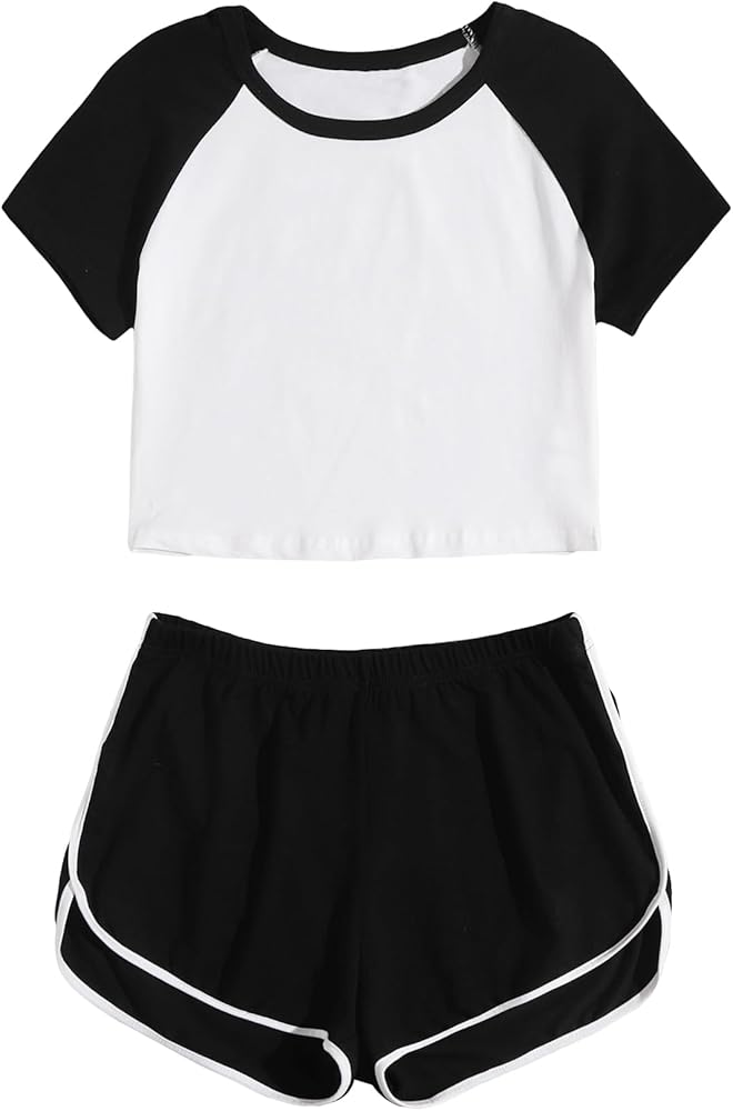 Floerns Women's 2 Piece Outfit Colorblock Crewneck Crop Top and Track Shorts Set