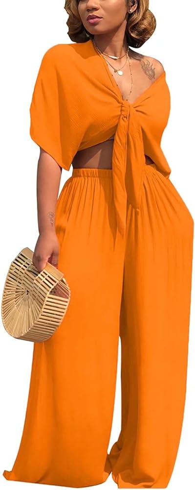 Aro Lora Women's 2 Piece Jumpsuit Ruched Sleeveless Crop Top Ruffle Wide Leg Pant Set Romper Outfit