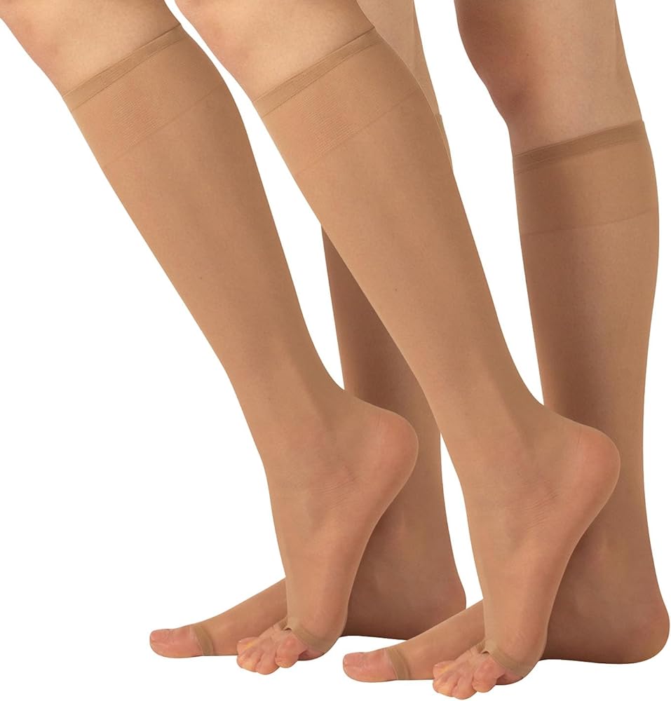 CALZITALY - 2 Pairs Open Toe Knee High Socks for Women (One Size, Black or Nude)