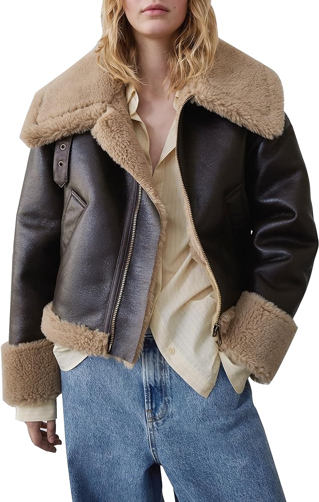 Womens Brown Faux Leather Sherpa Lined Jacket Winter Warm Shearling Biker Coats with Pockets