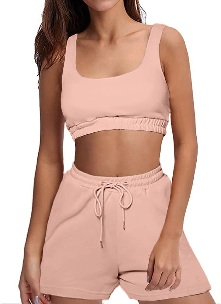 Workout Sets for Women, Two Piece Outfits Sleeveless Slim Crop Tops and Loose Shorts Casual Sweatsuits