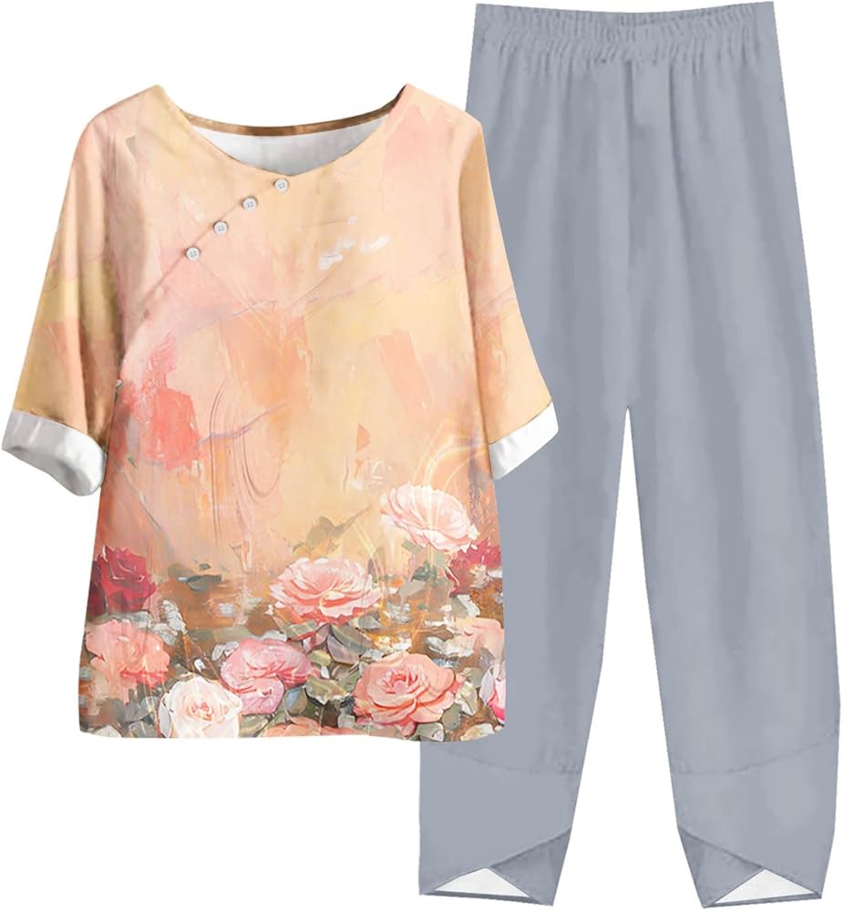 Womens Casual 2 Piece Sets Floral Print Half Sleeve Blouse Top and Straight Leg Pant Set Casual Loose Comfy Outfits