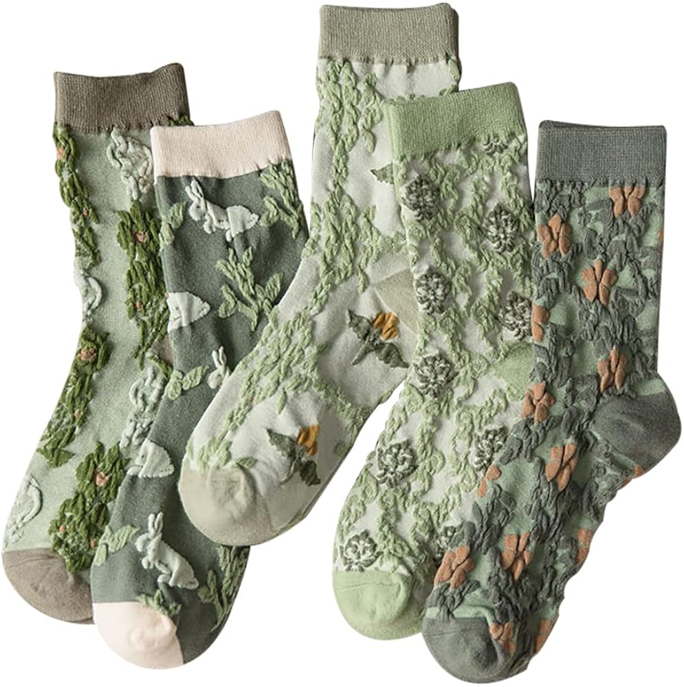 5 Pairs Floral Cotton Socks Vintage Pink Floral Patterned Cute Ruffle Cotton Ankle Socks for Women Socks