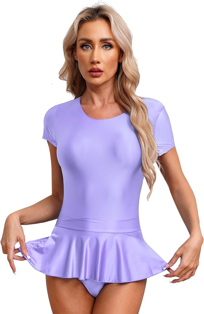 Women's Round Neck Short Sleeve Tops Shiny Glossy Bodysuit with Miniskirt for Ballet Suits