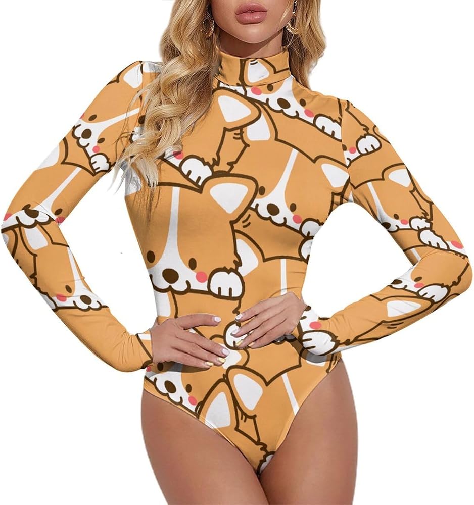 Cute Dog Corgi Women's Bodysuit Tops Turtle Neck Long Sleeve Jumpsuit Print T Shirt