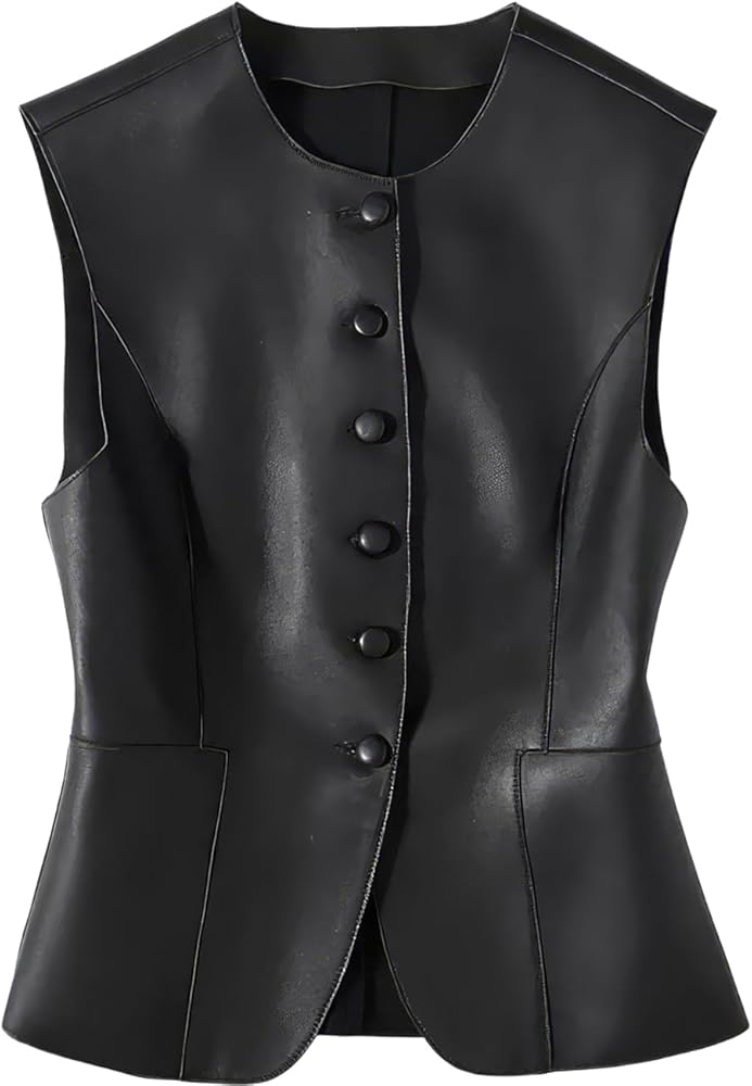 Women’s Black Fully Lined 4 Button Waistcoat Warm Winter Real Sheepskin Leather Vest. The Mogan Dressy Vest Waistcoat