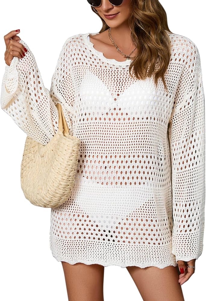 shermie Women Long Sleeve Crochet Swim Cover Up Summer Bathing Suit Hollow Out Beach Dress