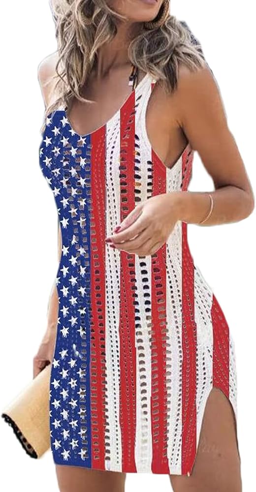 Women Crochet Cover Up Dress Sleeveless Knit Swim Beach Cover Ups Short Dress Hollow Out Swimsuit Cover Up Dresses