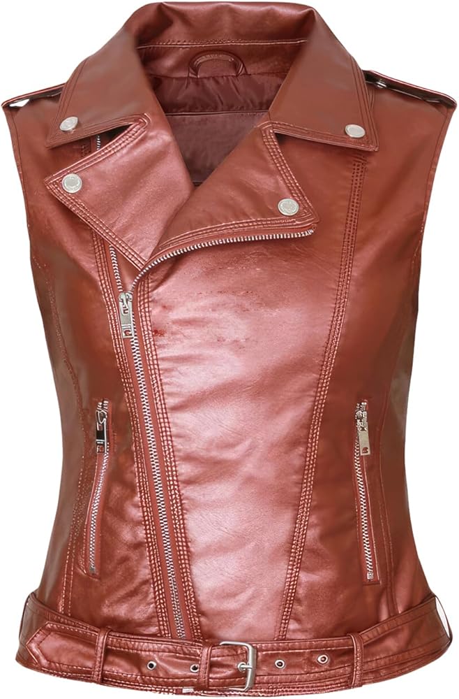 Women’s Bright Red Rider Genuine Sheepskin Sleeveless Vest Casual Café Racer Fashionable Lapel Collar Leather Waistcoat