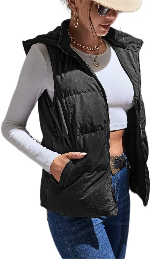 Women's Coat Jacket Warm Comfortable Zip Front Hooded Vest Puffer Coat Fashion Charming Unique Lovely (Color : Black, Size : Tall XS)