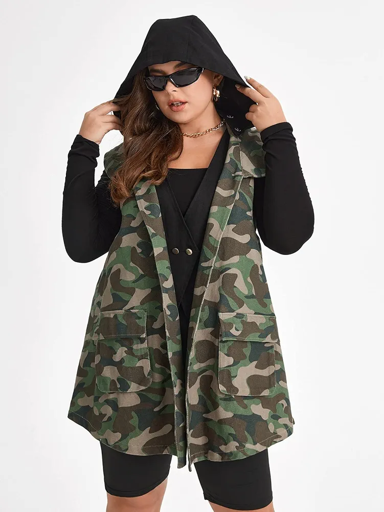 Women's Sport Jacket Plus Camo Print Hooded Vest Coat Coat for Women (Color : Multicolor, Size : X-Large)