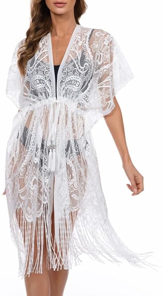 Womens Bathing Suit Cover Up Mesh Swimsuit Coverup Long Sheer Beach Robe Dress Crochet Lace Kimono Summer Cardigan