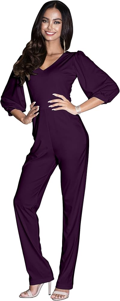 KOH KOH Womens Long Pants Suit 3/4 Sleeves V-Neck One Piece Pockets Jumpsuit