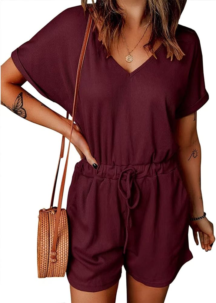 Women Causal Jumpsuit Women V Neck Short Sleeve Solid Color High Waist Drawstring Side Pockets Jumpsuit Women Rompers