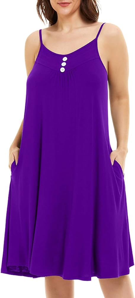 MONNURO Women's Full Slip Sleeveless Plus Size Sleepwear Night Dress V Neck Button Nightshirts with Pockets