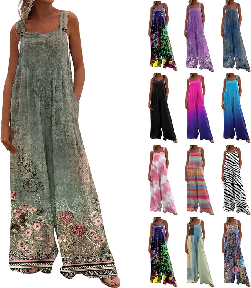 Womens Wide Leg Jumpsuit 2024 Casual Summer Button Up Loose Printed Sleeveless Rompers Overalls With Pockets