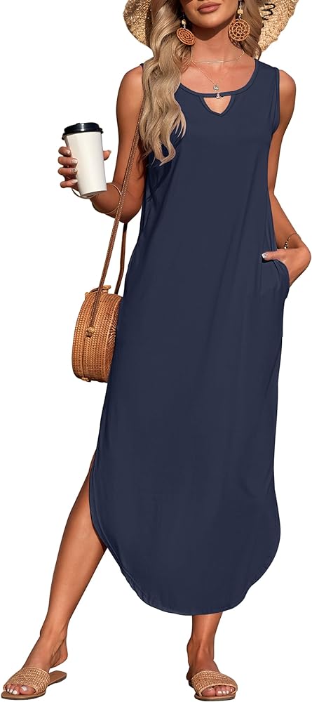 MISFAY Women's Summer Maxi Dress Sleeveless Loose Long Beach Split Dresses with Pockets