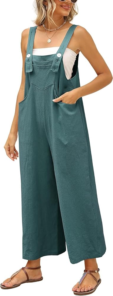 AMEBELLE Women's Loose Cotton Linen Overalls Sleeveless Adjustable Straps Wide Leg Jumpsuits with Pockets