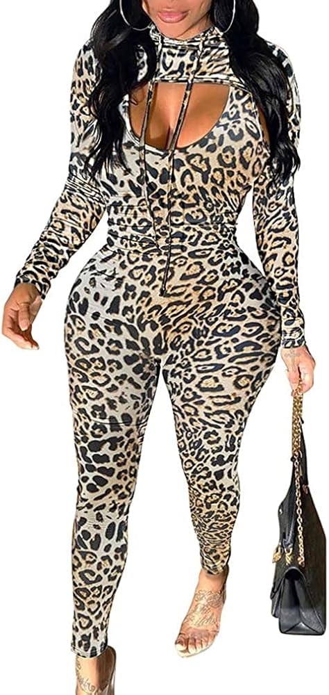 Clubwear Sexy Leopard Jumpsuit for Women Sexy Long Sleeve Printing Long Skinny Two Piece Outfits for Night（X-Large）