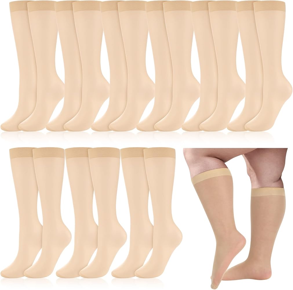 Handepo 10 Pairs Plus Size Sheer Stockings Knee High Queen Size Nylon Socks Wide Calf Ultra Sheer Trouser Stockings Knee