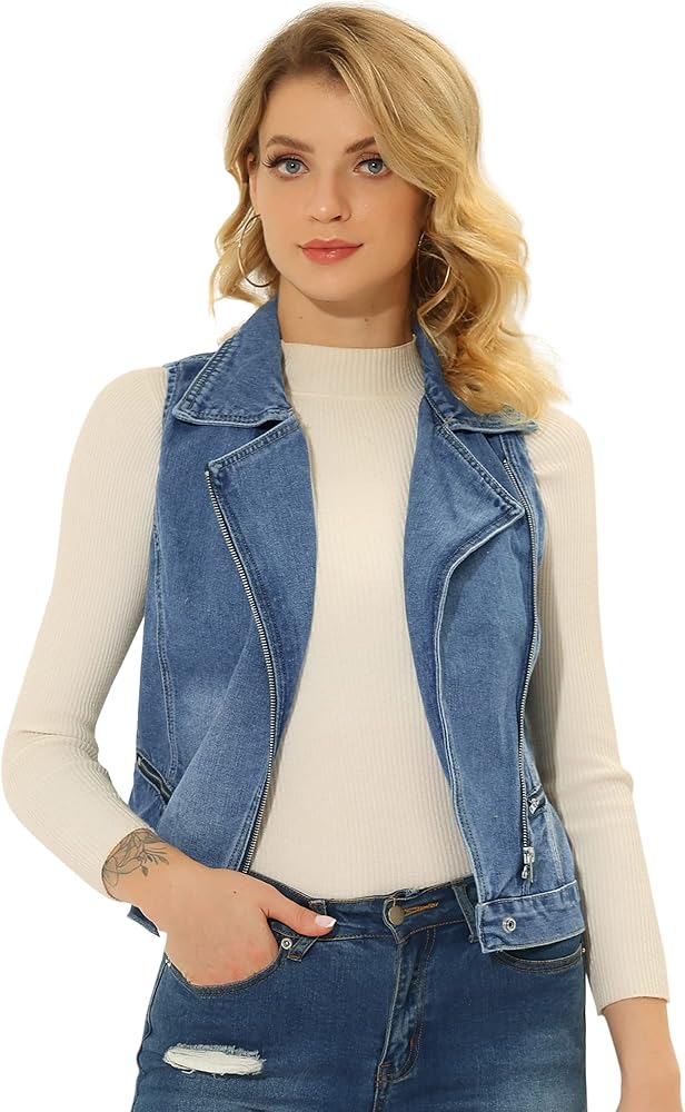 Allegra K Women's Sleeveless Moto Jacket Zip Up Classic Jeans Denim Vest