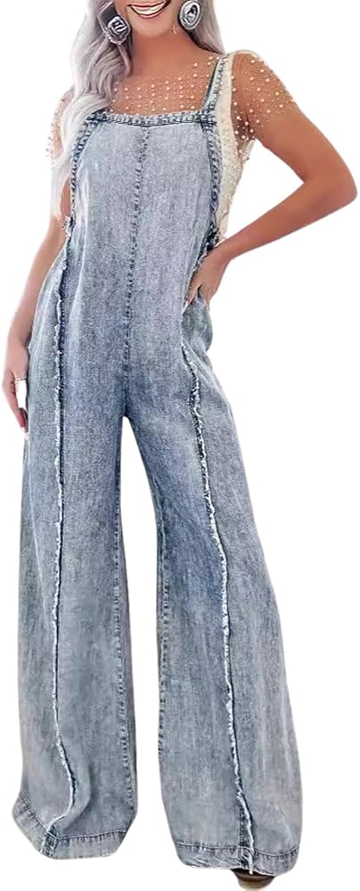 Women's Casual Denim Jumpsuit Sleeveless Adjustable Strap Frayed Jeans Wide Leg Long Pants Rompers