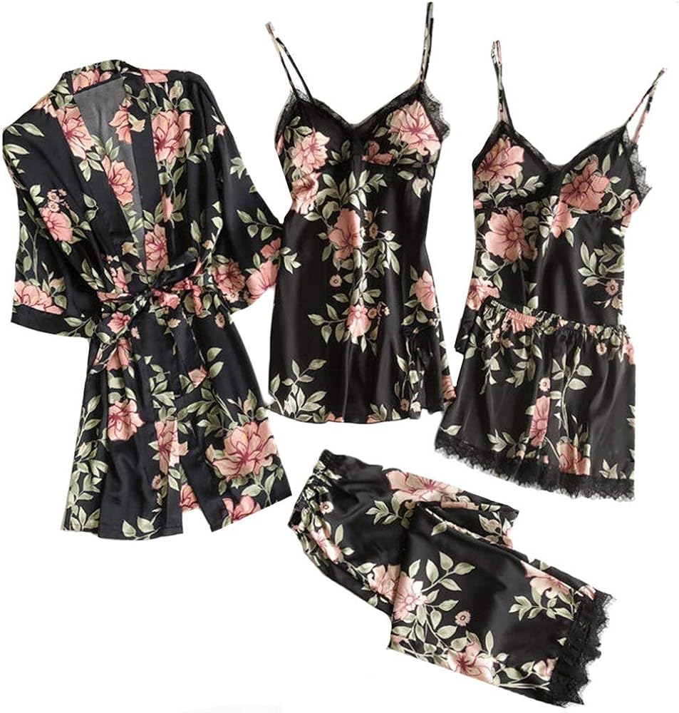 5PCS Women's Satin Silk Lace Pajamas Print Nightgown Bathrobe Robes Underwear Wireless Sleepwear